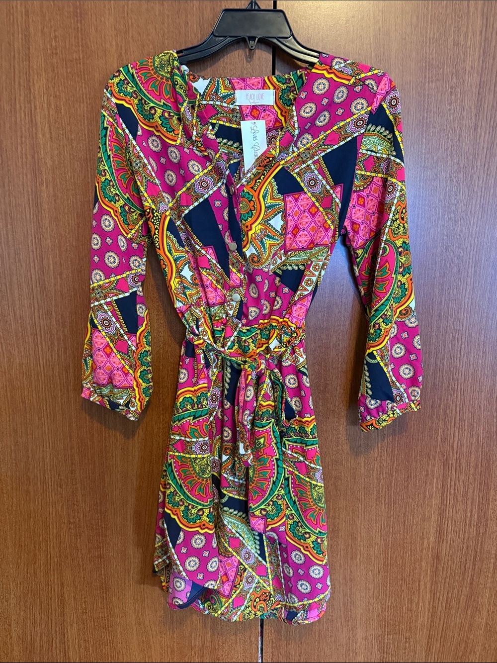 NWT Peach Love California Pink & Green Paisley Boho Tie Front Mini Dress